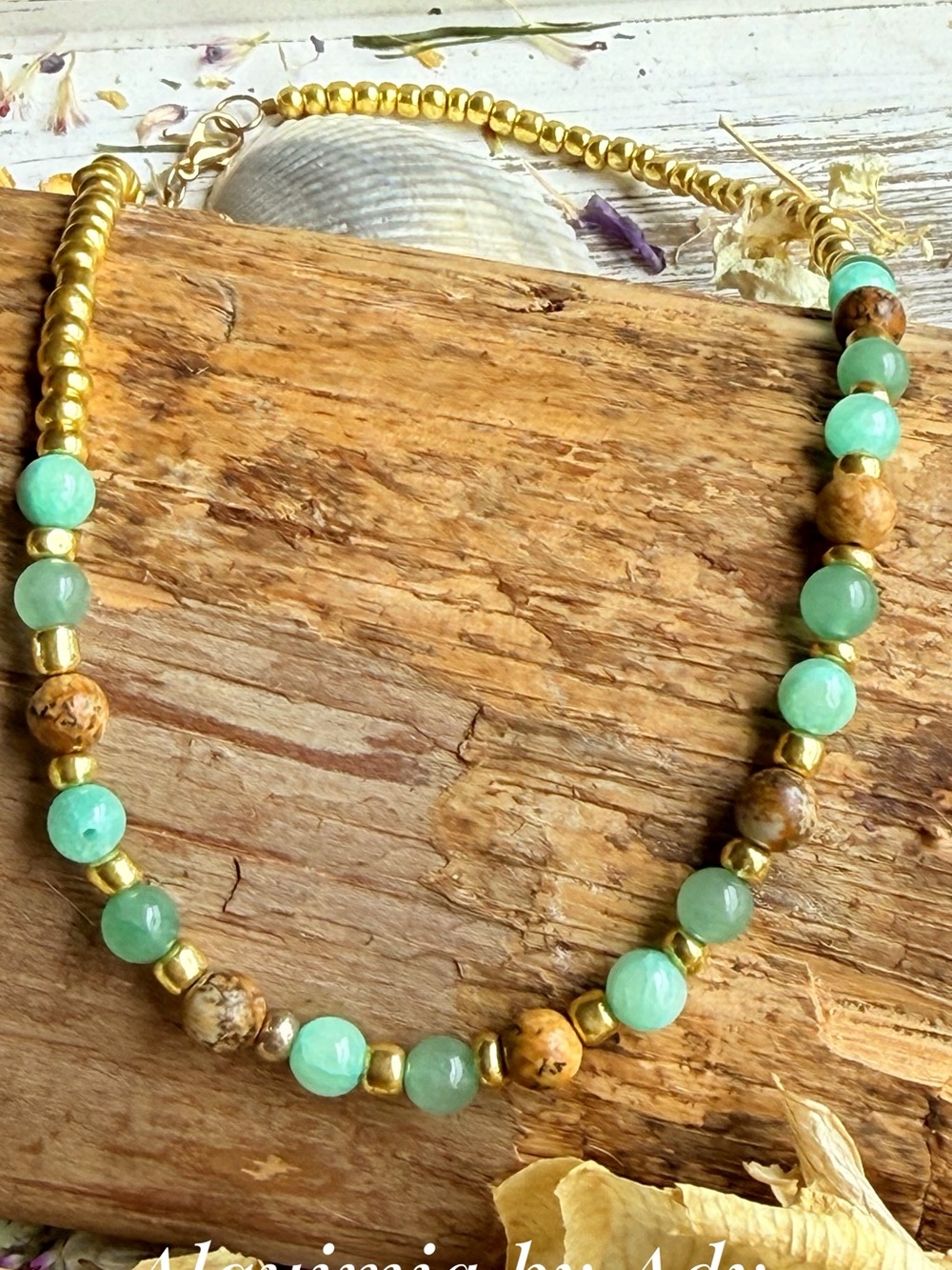 Jasper + amazonite + aventurine + Gold and Mint Bead Necklace